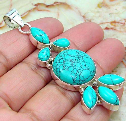 EXQUISITE Pendant in SOLID 925 SILVER with TURQUOISE. 70mm