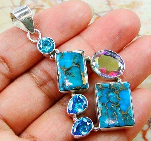 STUNNING BLUE COPPER TURQUOISE , BLUE TOPAZ & MYSTIC TOPAZ PENDANT IN 925 SILVER. 60mm.