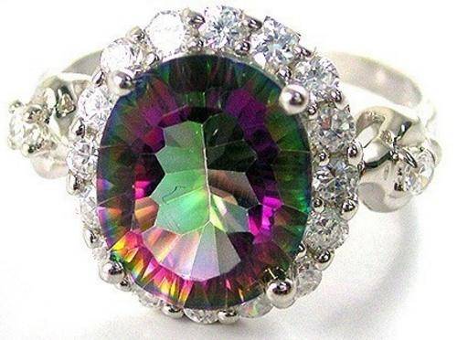 ** Size 8.5 ~ Q** STUNNING !  SOLID 925 SILVER DRESS Ring with MYSTIC TOPAZ & C.Z.
