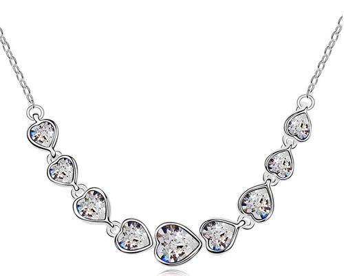 White gold plated Austrian crystals hearts pendant necklace