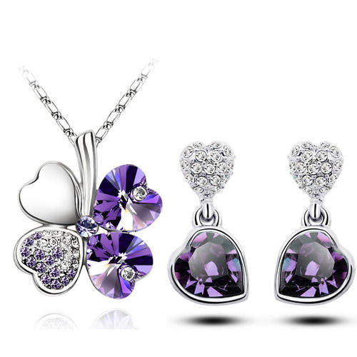 Amazing Silver & Purple 4 Leaves Clover Crystal Pendant Necklace & Earring Set
