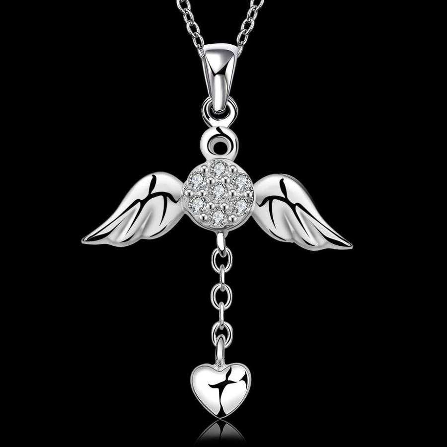 925 Sterling silver plated Angel wings & heart pendant comes with a free necklace