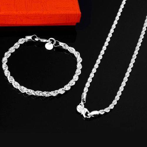 925 Sterling silver plated 3mm twisted rope necklace & bracelet set