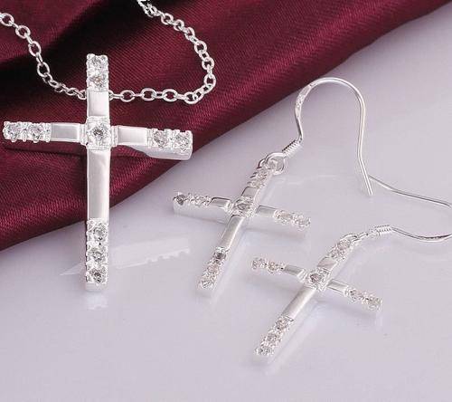 Beautiful 925 Sterling silver plated cross pendant necklace and earrings set with crystal inlay