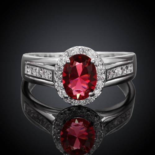 Gorgeous 925 sterling silver plated red Auatrian crystal ring with accents size 8/Q