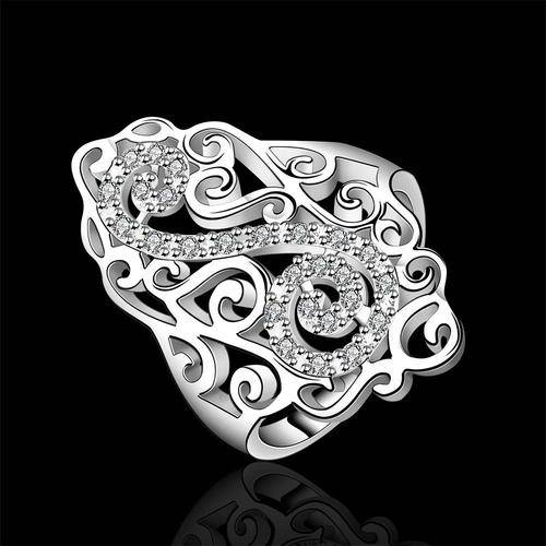 Stylish 925 sterling silver plated classic filigree style ring with crystal inlay - Size 8/Q