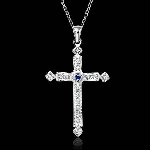 A Beautiful 925 Silver Plated Large Crystal Cross Pendant Necklace with a blue crystal center stone