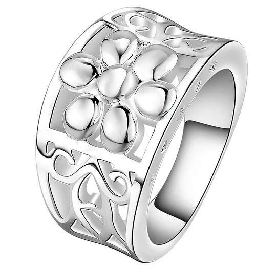 Beautiful 925 silver plated chunky ring with flower design - 8/Q