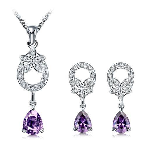 *Luxury* 925 Silver plated purple CZ pendant necklace and dangle earrings set - 2 ON AUCTION