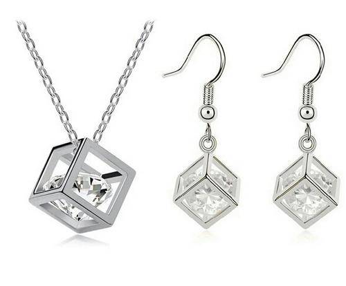 925 Silver plated Cubic Zirconia Cube Pendant Necklace & Earrings Set - Nickle free / Anti-allergic