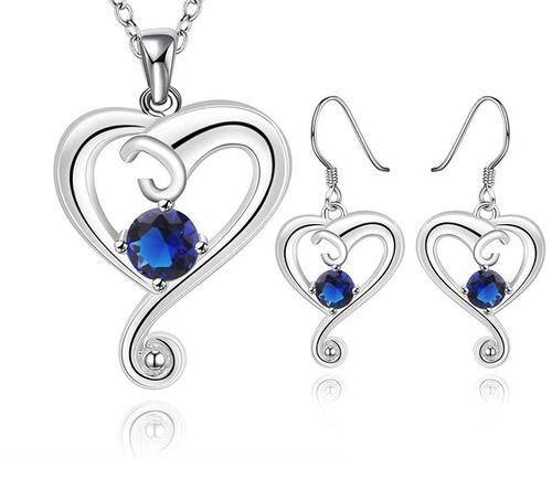 **LOWEST PRICE** 925 Silver Plated Blue Austrian Crystal Heart Pendant Necklace and Earrings Set
