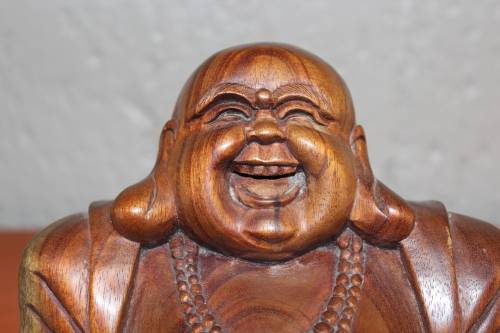 VINTAGE HANDCARVED HARDWOOD CHINESE BUDDHA 17CM TALL BY 18CM