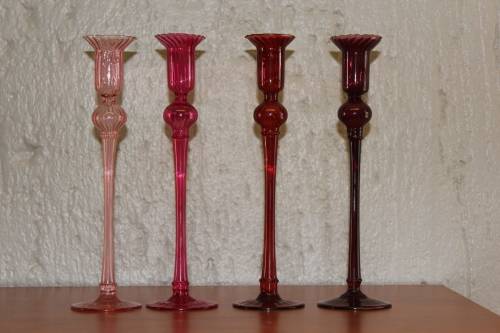 SET OF FOUR VINTAGE VENETIAN HANDBLOWN GLASS CANDLE HOLDERS 28.5CM TALL BY 7.6CM WIDE CIRCA 1920S