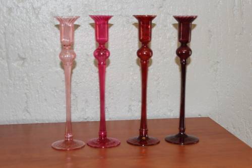 SET OF FOUR VINTAGE VENETIAN HANDBLOWN GLASS CANDLE HOLDERS 28.5CM TALL BY 7.6CM WIDE CIRCA 1920S