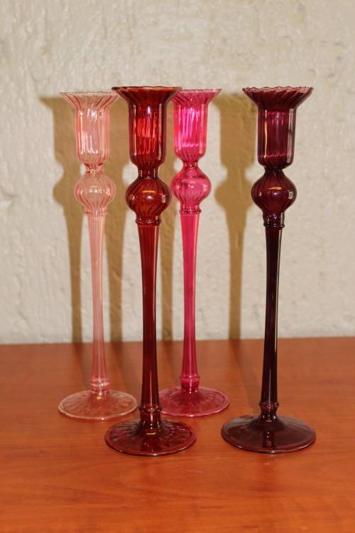 SET OF FOUR VINTAGE VENETIAN HANDBLOWN GLASS CANDLE HOLDERS 28.5CM TALL BY 7.6CM WIDE CIRCA 1920S