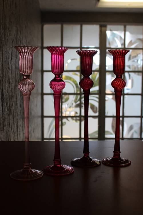 SET OF FOUR VINTAGE VENETIAN HANDBLOWN GLASS CANDLE HOLDERS 28.5CM TALL BY 7.6CM WIDE CIRCA 1920S