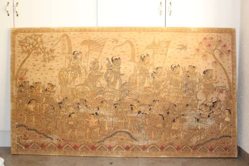 MASSIVE THAI RELIGIOUS PAINTING WATERCOLOUR AND INK ON CANVAS 201CM WIDE BY 114CM TALL