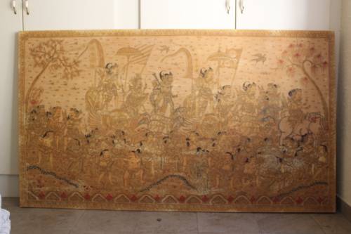 MASSIVE THAI RELIGIOUS PAINTING WATERCOLOUR AND INK ON CANVAS 201CM WIDE BY 114CM TALL