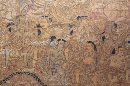 MASSIVE THAI RELIGIOUS PAINTING WATERCOLOUR AND INK ON CANVAS 201CM WIDE BY 114CM TALL