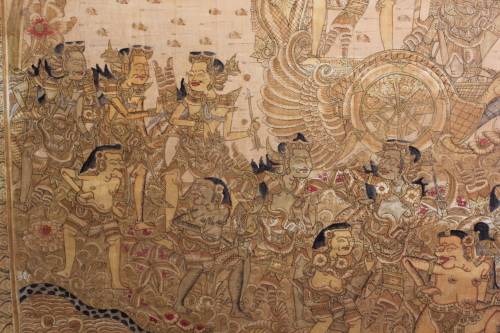 MASSIVE THAI RELIGIOUS PAINTING WATERCOLOUR AND INK ON CANVAS 201CM WIDE BY 114CM TALL