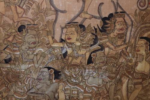 MASSIVE THAI RELIGIOUS PAINTING WATERCOLOUR AND INK ON CANVAS 201CM WIDE BY 114CM TALL