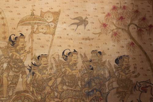 MASSIVE THAI RELIGIOUS PAINTING WATERCOLOUR AND INK ON CANVAS 201CM WIDE BY 114CM TALL