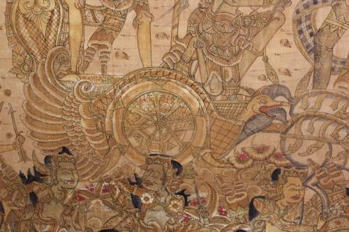 MASSIVE THAI RELIGIOUS PAINTING WATERCOLOUR AND INK ON CANVAS 201CM WIDE BY 114CM TALL