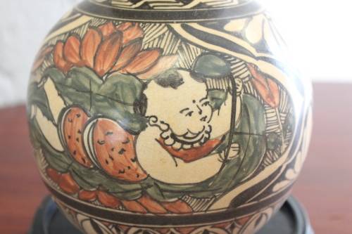 ANTIQUE CHINESE POLYCHROME HAND PAINTED DOUBLE GOURD VASE 27.5CM TALL BY 15CM WIDE +STAND