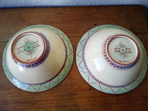 Pair of Vintage Art Deco Style Sgraffito signed Ceramic serving bowls 27cm diameter each
