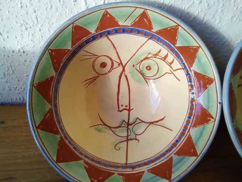 Pair of Vintage Art Deco Style Sgraffito signed Ceramic serving bowls 27cm diameter each