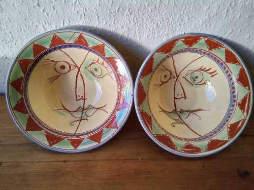 Pair of Vintage Art Deco Style Sgraffito signed Ceramic serving bowls 27cm diameter each