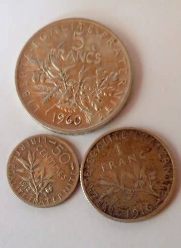 France -3 x Silver Coins -1960 -5 Francs, 1916 -1 Franc and 1912 -50 Centimes.