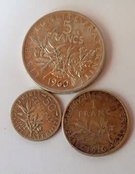 France -3 x Silver Coins -1960 -5 Francs, 1916 -1 Franc and 1912 -50 Centimes.