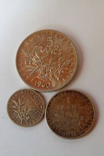 France -3 x Silver Coins -1960 -5 Francs, 1916 -1 Franc and 1912 -50 Centimes.