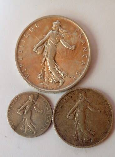 France -3 x Silver Coins -1960 -5 Francs, 1916 -1 Franc and 1912 -50 Centimes.