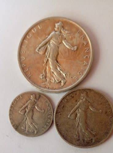 France -3 x Silver Coins -1960 -5 Francs, 1916 -1 Franc and 1912 -50 Centimes.