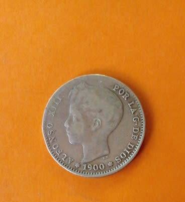 Spain -1900 -One (Una) Peseta -Alfonso XIII -Silver