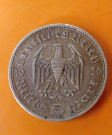 Germany-1936 -5 Reichsmark-Deutsches Reich -Paul von Hindenburg-Silver