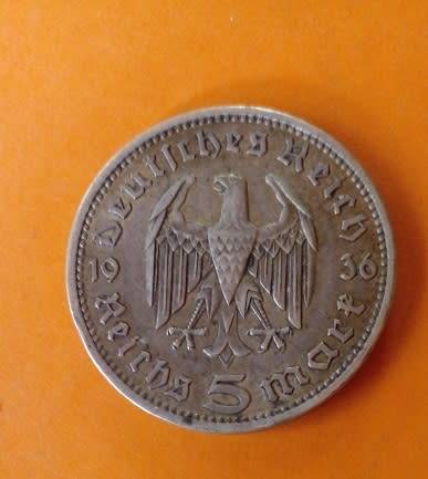 Germany-1936 -5 Reichsmark-Deutsches Reich -Paul von Hindenburg-Silver
