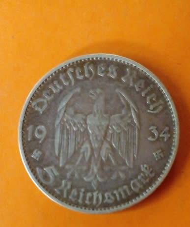 Germany-1934 -5 Reichsmark -Deutsches Reich -Silver.