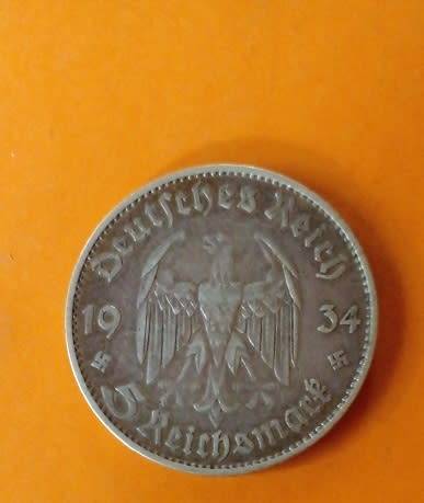 Germany-1934 -5 Reichsmark -Deutsches Reich -Silver.