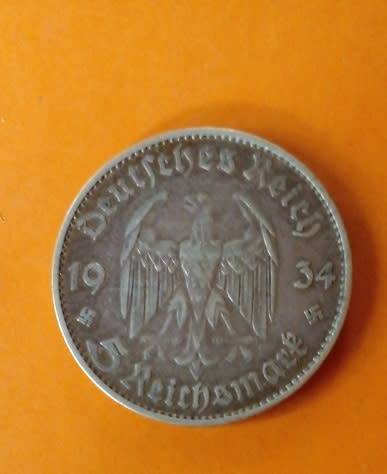 Germany-1934 -5 Reichsmark -Deutsches Reich -Silver.