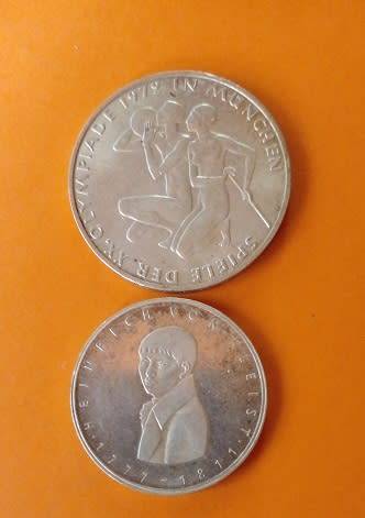 Bundes Republic Deutschland -1977 -5 Mark and 1979 -10 Mark Coins Silver.
