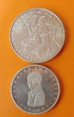 Bundes Republic Deutschland -1977 -5 Mark and 1979 -10 Mark Coins Silver.