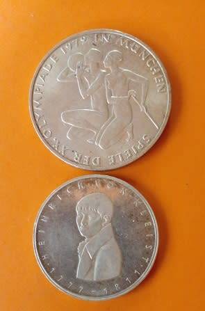 Bundes Republic Deutschland -1977 -5 Mark and 1979 -10 Mark Coins Silver.