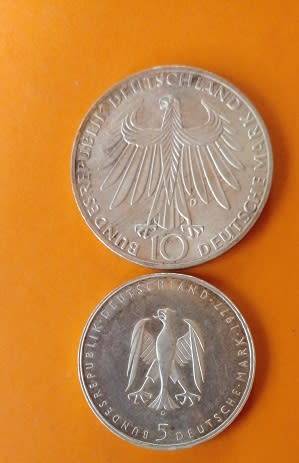 Bundes Republic Deutschland -1977 -5 Mark and 1979 -10 Mark Coins Silver.