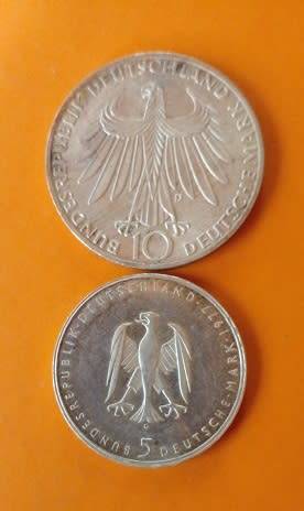 Bundes Republic Deutschland -1977 -5 Mark and 1979 -10 Mark Coins Silver.