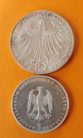 Bundes Republic Deutschland -1977 -5 Mark and 1979 -10 Mark Coins Silver.