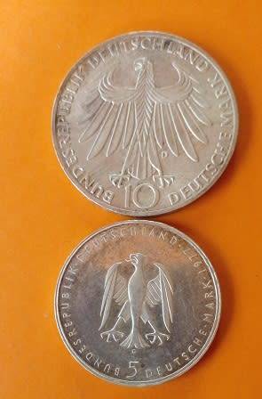 Bundes Republic Deutschland -1977 -5 Mark and 1979 -10 Mark Coins Silver.