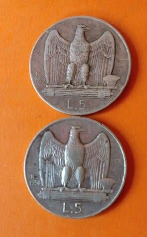 Italy -1929 and 1930 -5 Lire -Vittorio Emanuele III -Silver Coins.